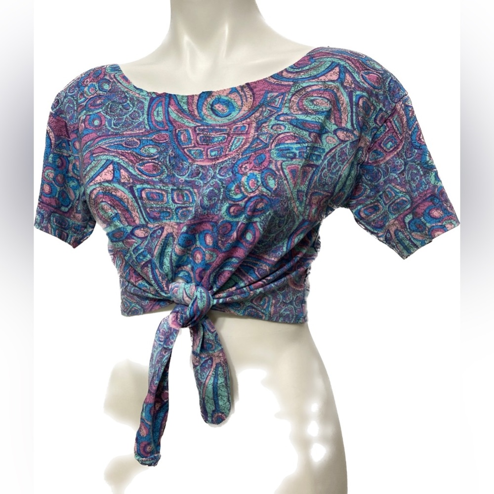 VINTAGE RETRO 80s COLORFUL TIE FRONT CROP TOP
